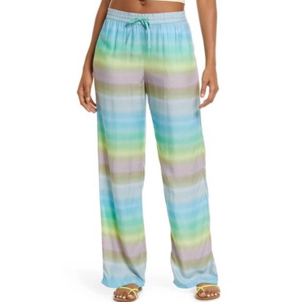 New BP Ombre Striped Drawstring Elastic Waist Wide Leg Pants Blue Green Size XS
